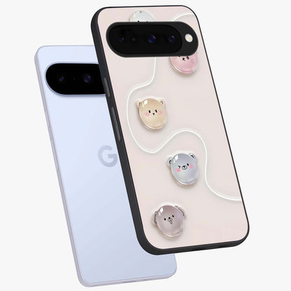 Puffy Face Parade Glass Case displayed in angled mockup highlighting playful cartoon face design with fun aesthetic.