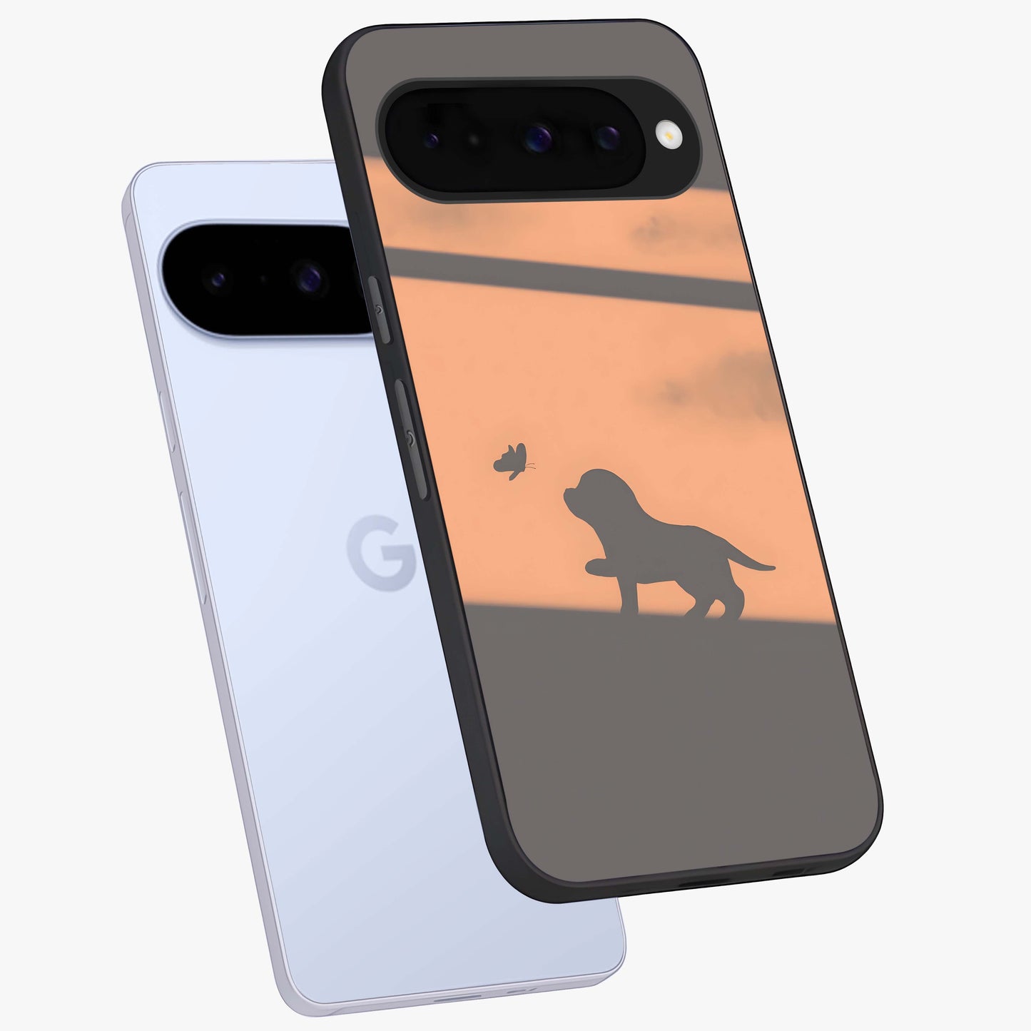 Puppy Shadow Art Glass Case displayed in angled mockup highlighting playful dog illustration with artistic shadow aesthetic.