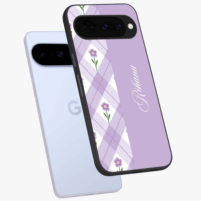 Purple Diamond Floral Glass Case displayed in angled mockup highlighting elegant purple flower design with decorative pattern.