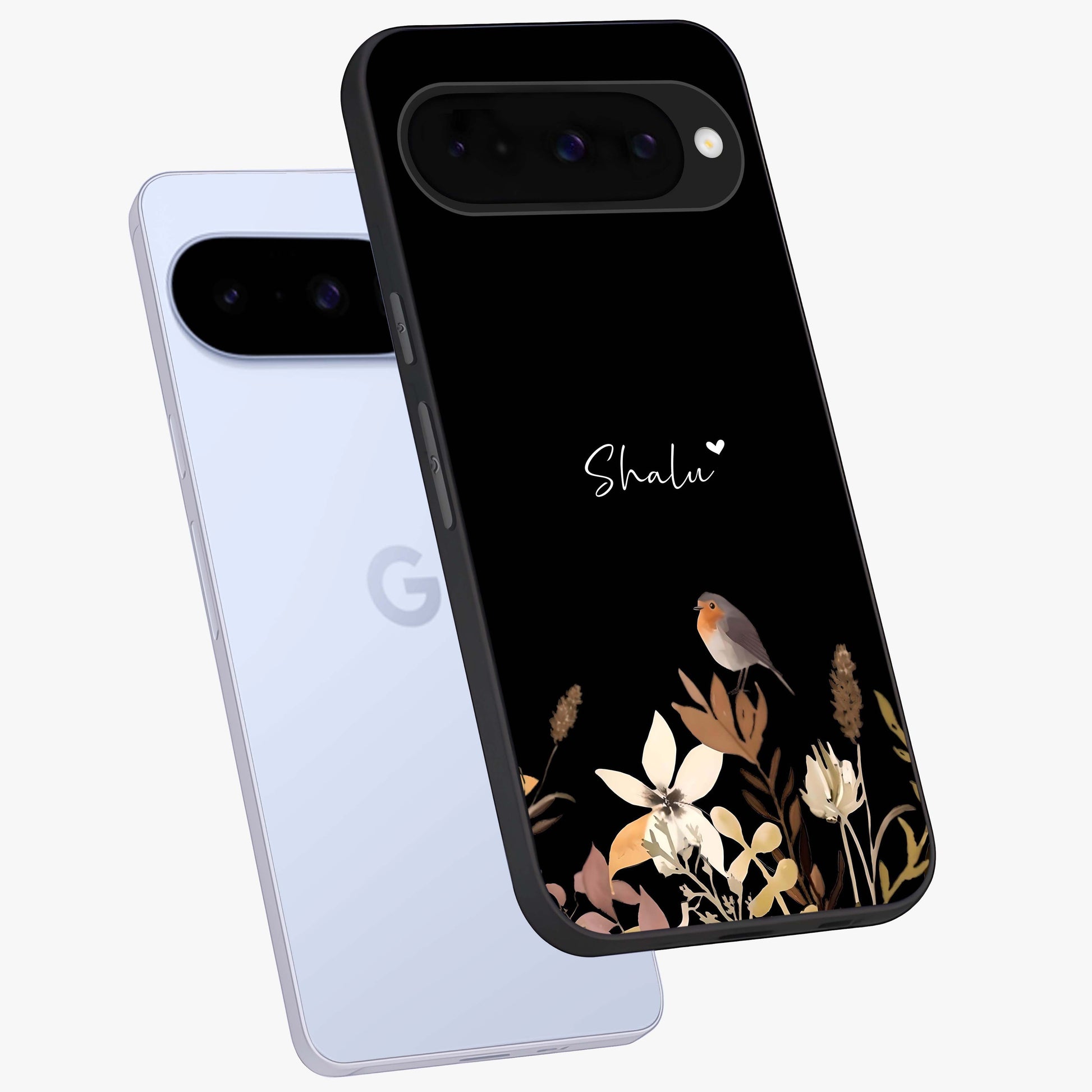 Quiet Garden Tune Custom Name Glass Case displayed in angled mockup highlighting delicate floral garden design with custom name feature.