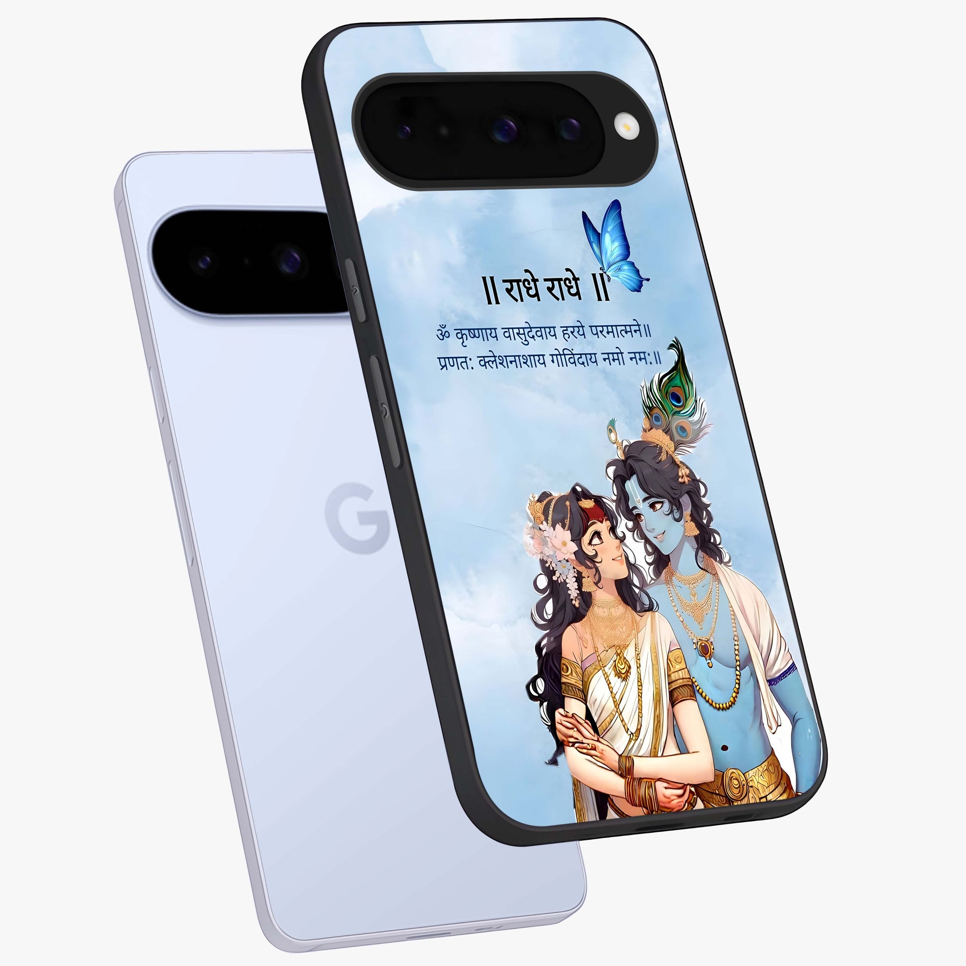 Radha Krishna Eternal Glass Case displayed in angled mockup highlighting divine Radha Krishna illustration with spiritual aesthetic.