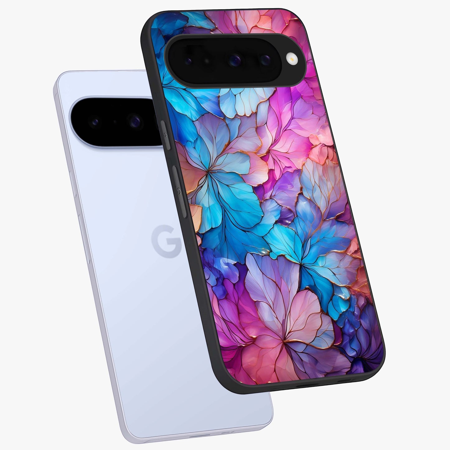 Radiant Floral Whirl Glass Case displayed in angled mockup highlighting vibrant flower pattern with dynamic artistic aesthetic.