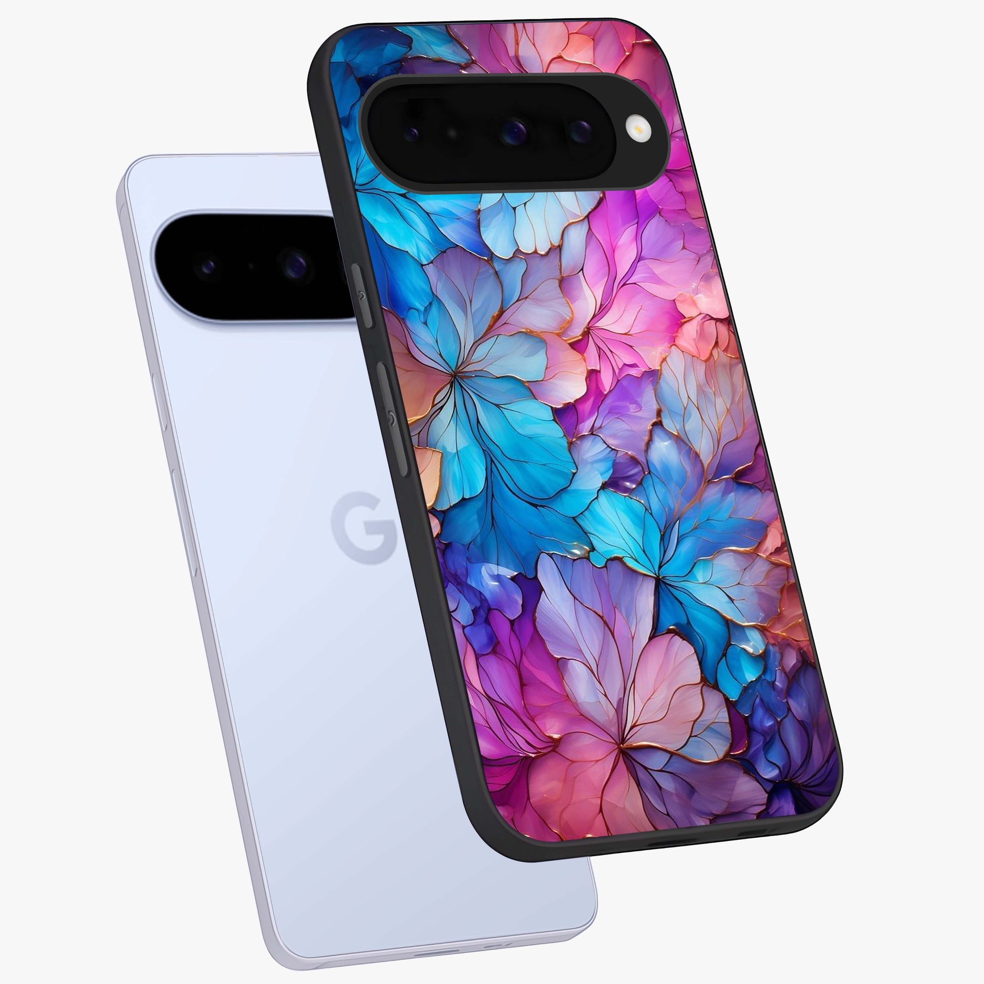 Radiant Floral Whirl Glass Case displayed in angled mockup highlighting vibrant flower pattern with dynamic artistic aesthetic.