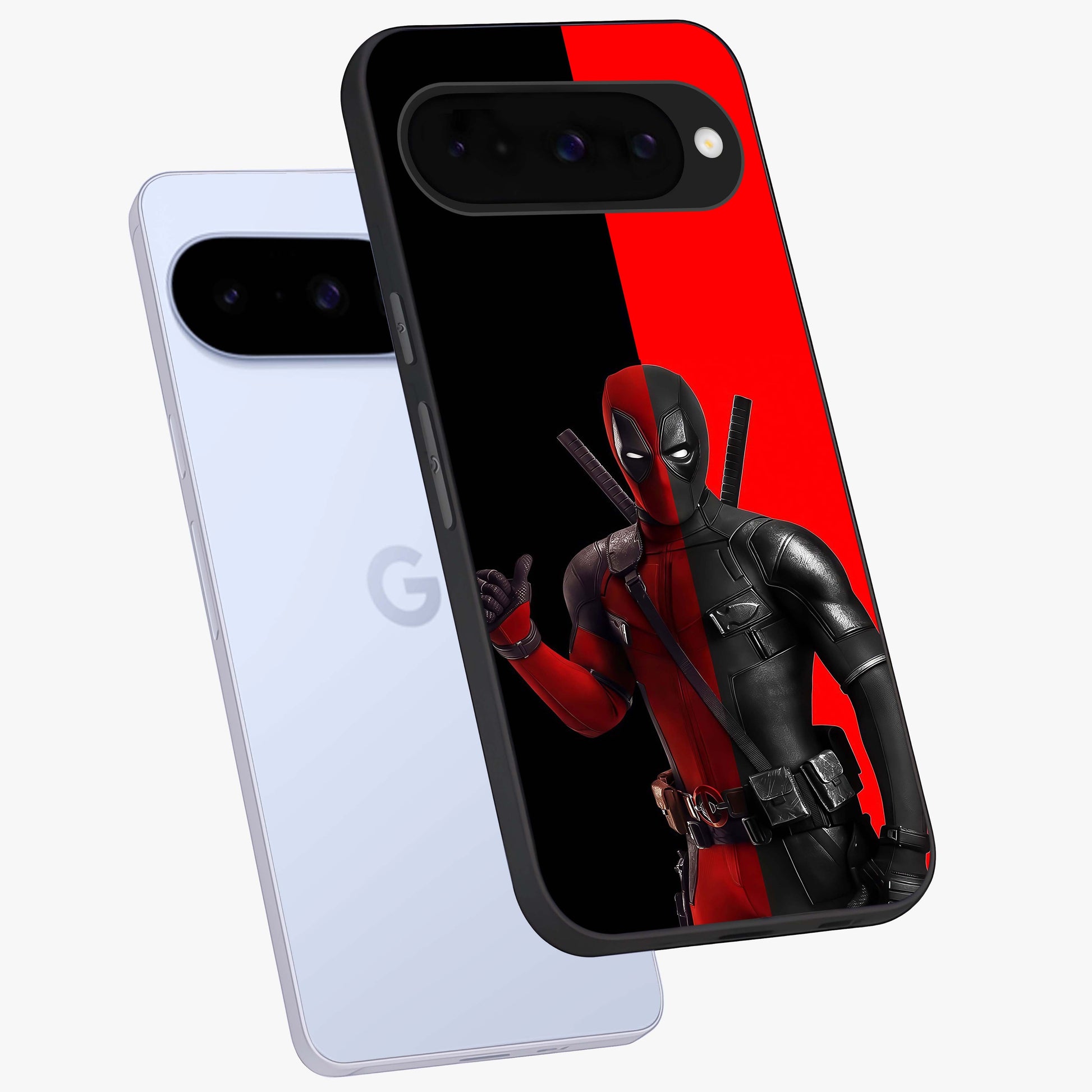 Red & Black Deadpool Theme Glass Case displayed in angled mockup highlighting vibrant superhero style illustration with action aesthetic.