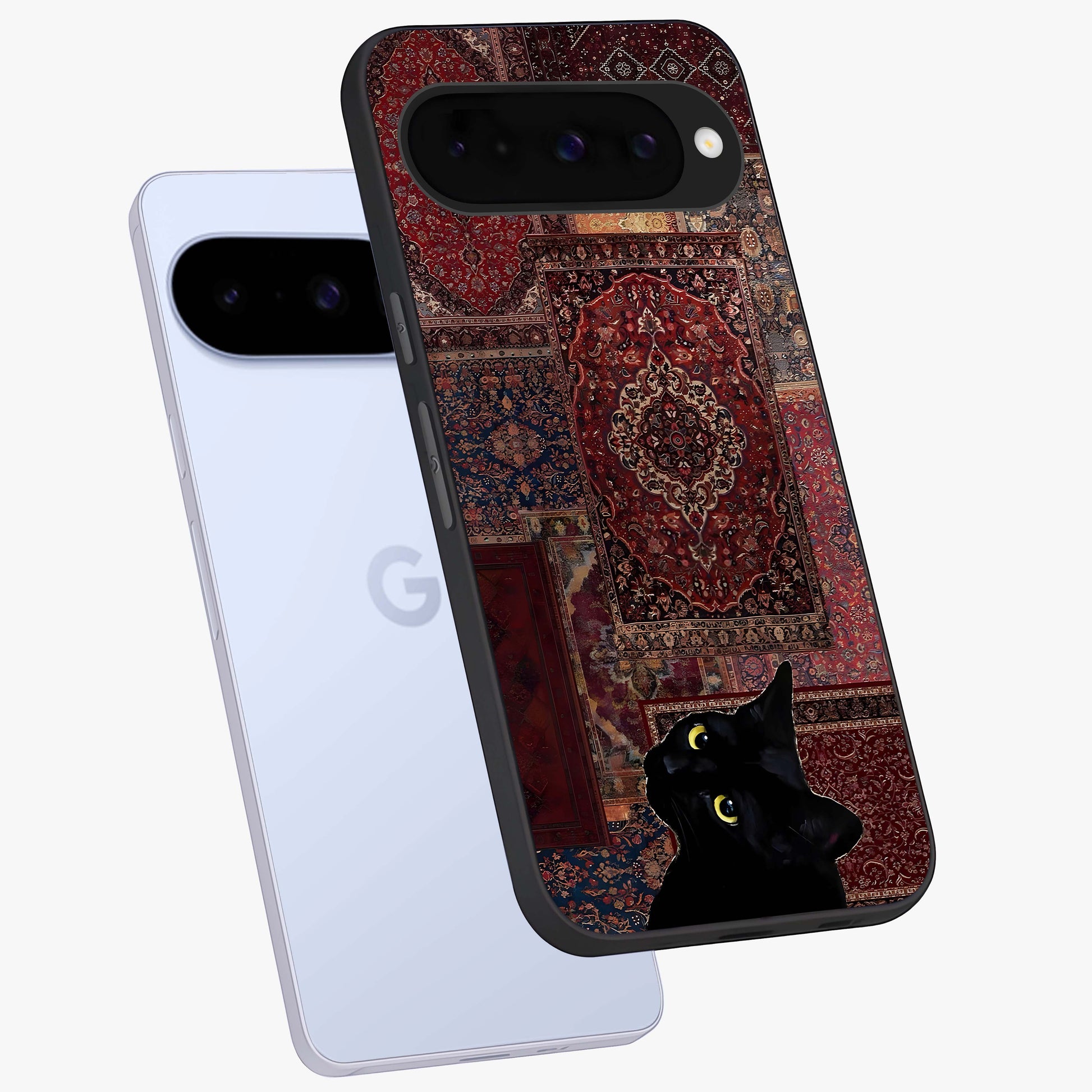 Regal Magic Cat Apple Glass Case displayed in angled mockup highlighting whimsical feline design with fantasy aesthetic.