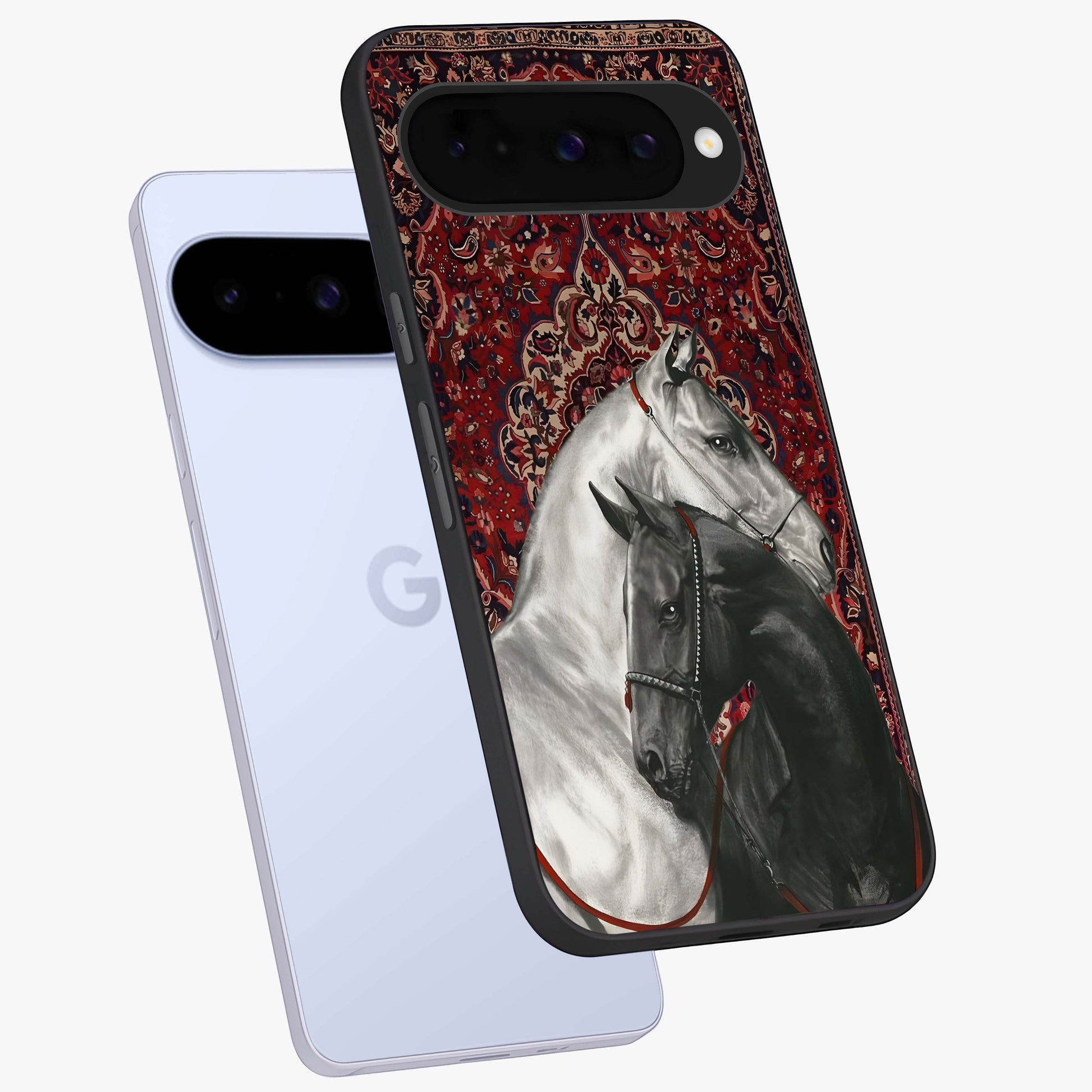 Regal Stallion Tapestry Glass Case displayed in angled mockup highlighting royal stallion design with decorative heritage aesthetic.