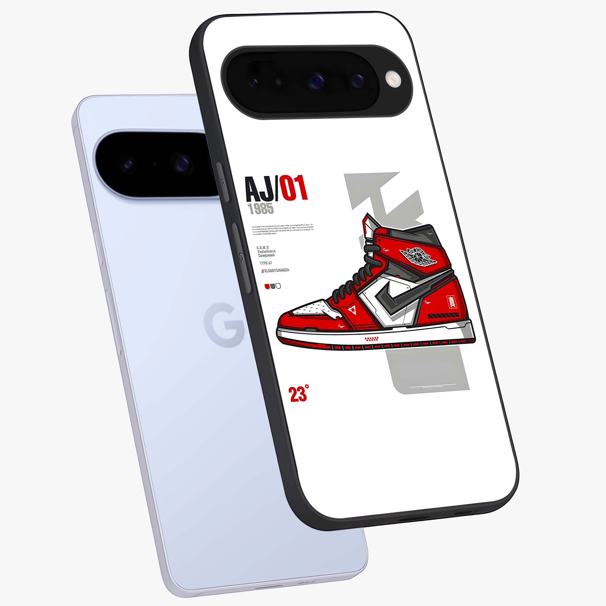 Retro Sneaker Blueprint Glass Case displayed in angled mockup highlighting detailed shoe design with sporty retro aesthetic.