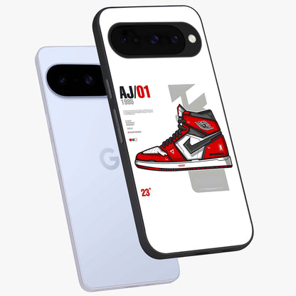 Retro Sneaker Blueprint Glass Case displayed in angled mockup highlighting detailed shoe design with sporty retro aesthetic.