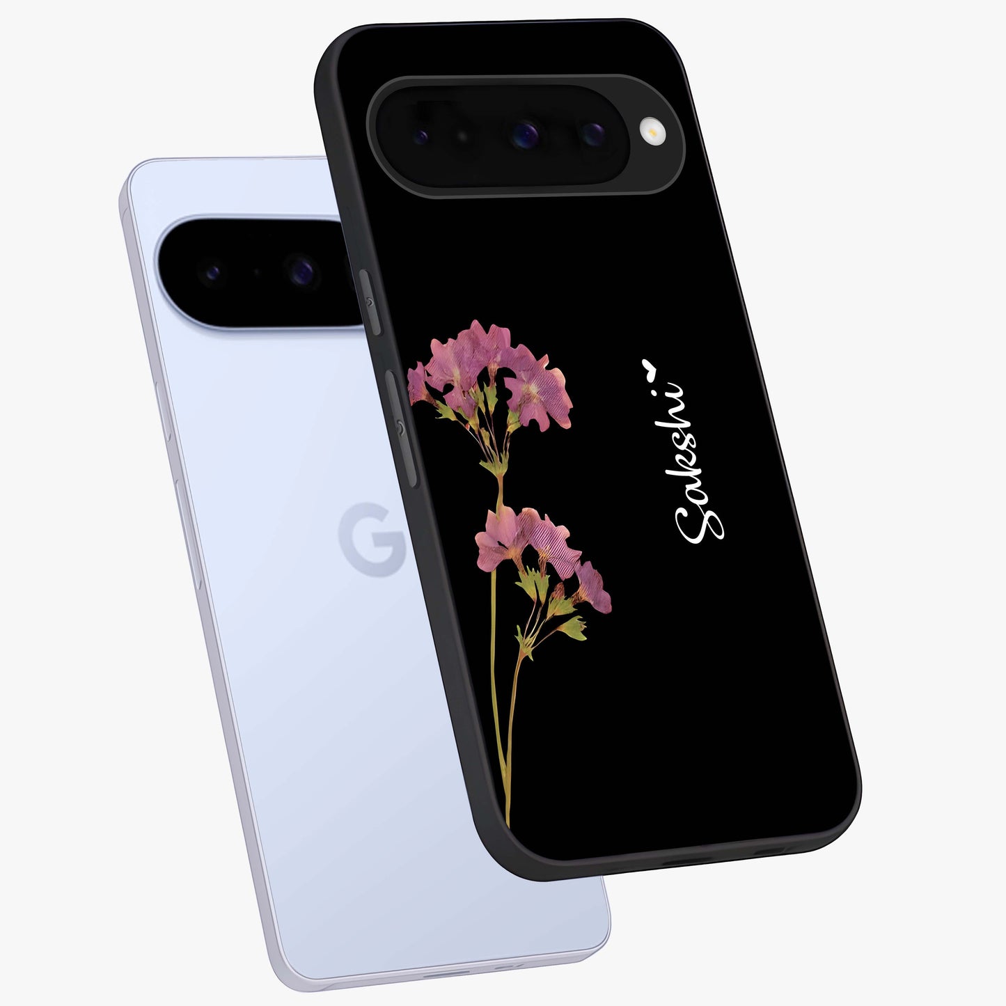 Riching Lavender Flower Custom Name Glass Case displayed in angled mockup highlighting delicate lavender flower design with custom name feature.