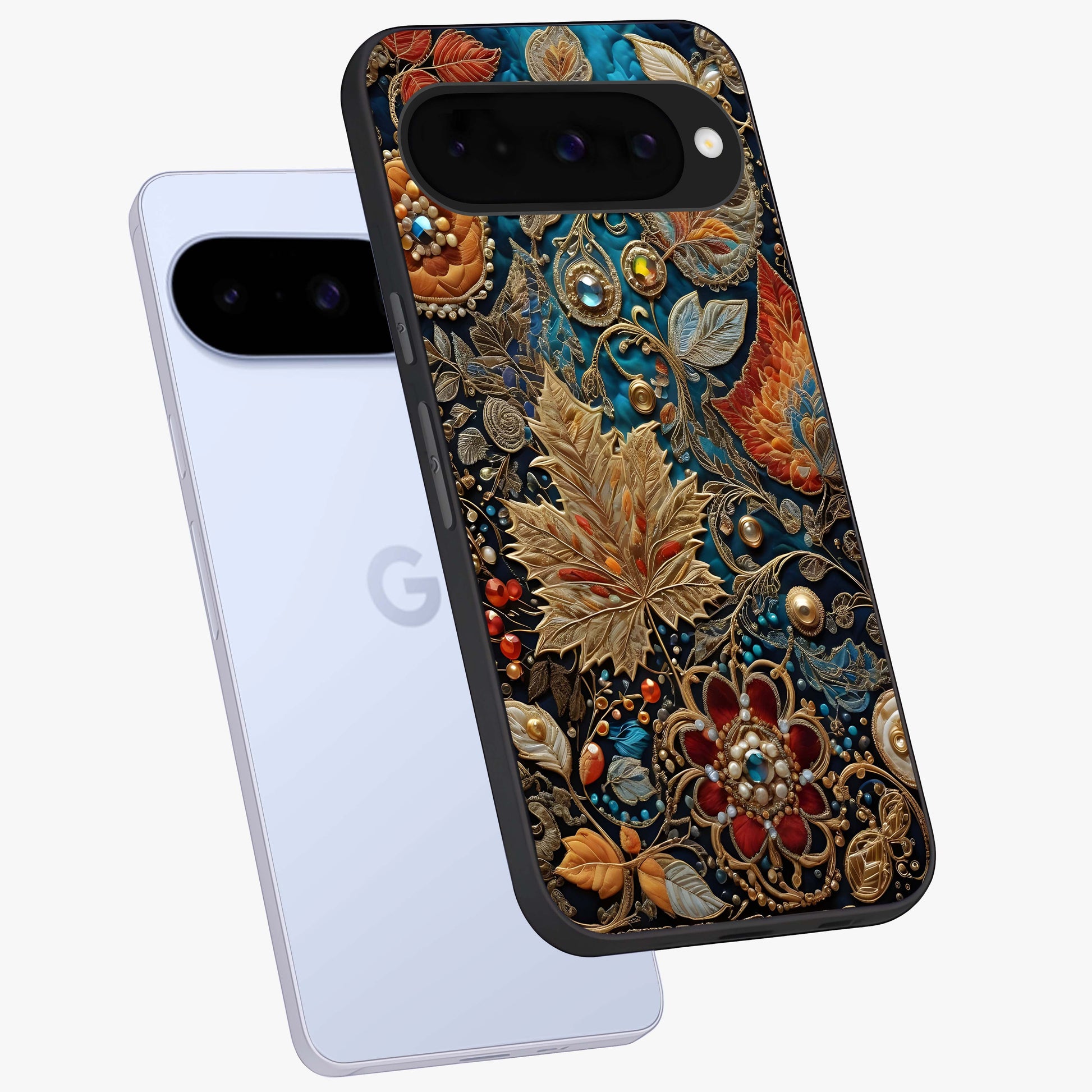 Royal Jewel Garden Glass Case displayed in angled mockup highlighting vibrant jewel inspired floral design with elegant aesthetic.