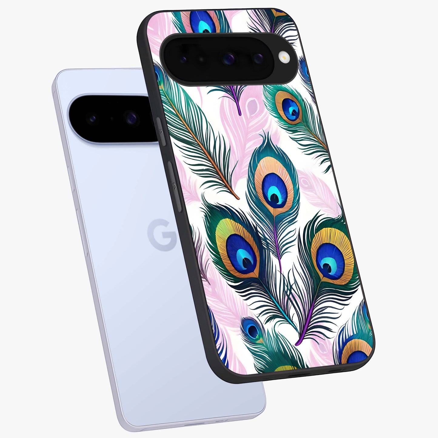 Royal Peacock Feathers Glass Case displayed in angled mockup highlighting vibrant feather pattern with regal aesthetic style.