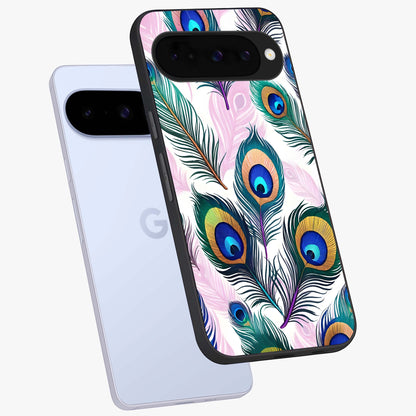 Royal Peacock Feathers Glass Case displayed in angled mockup highlighting vibrant feather pattern with regal aesthetic style.