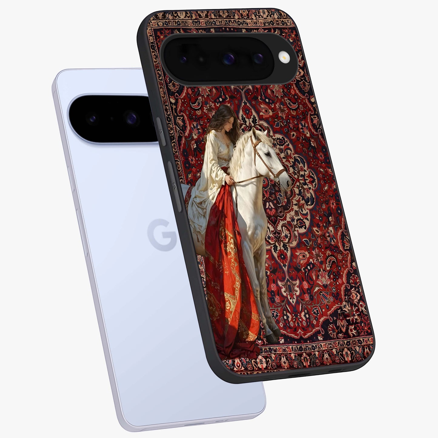 Royal Rider Tapestry Glass Case displayed in angled mockup highlighting traditional tapestry design with royal heritage aesthetic.