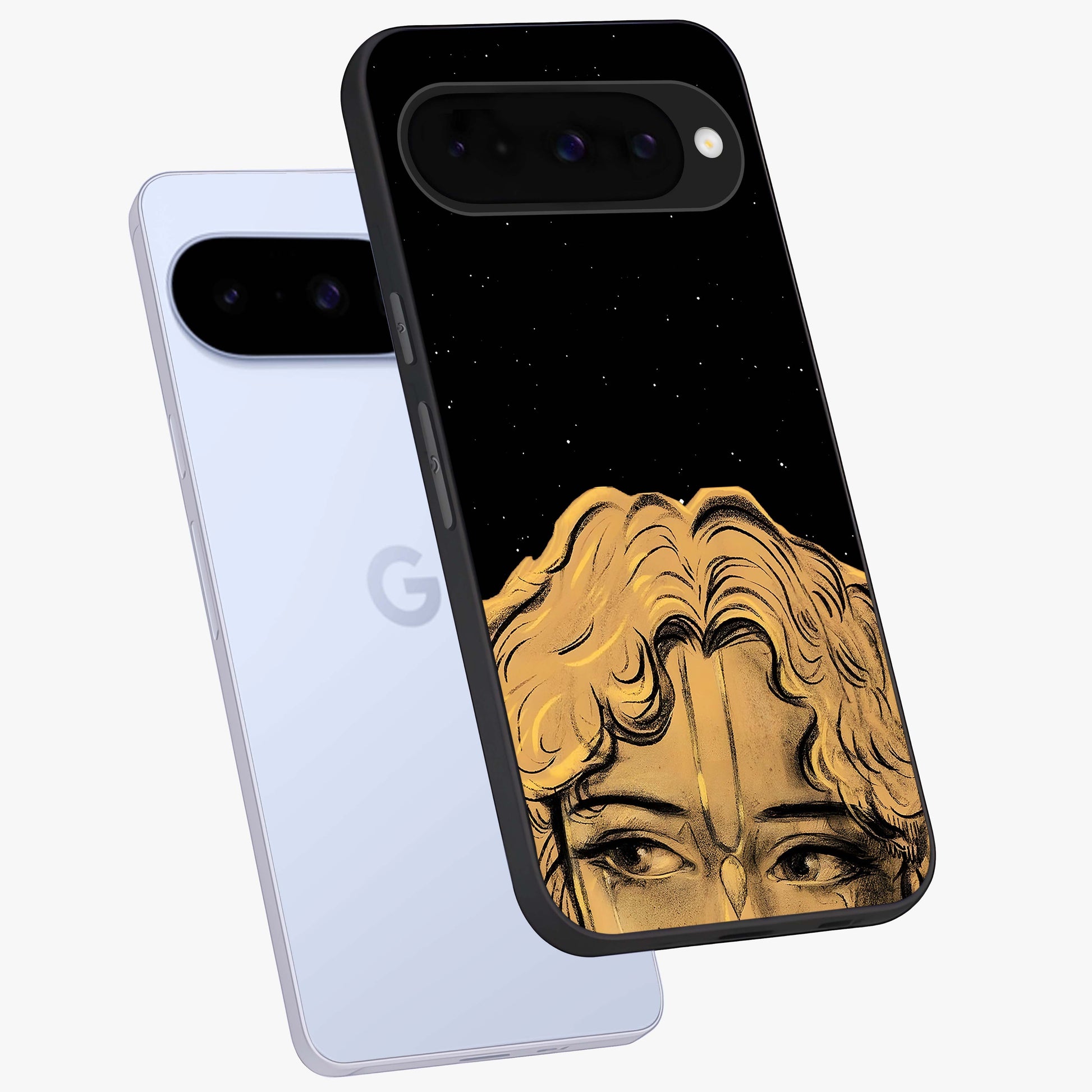 Shri Krishna Art Glass Case displayed in angled mockup highlighting spiritual Krishna illustration with divine aesthetic.