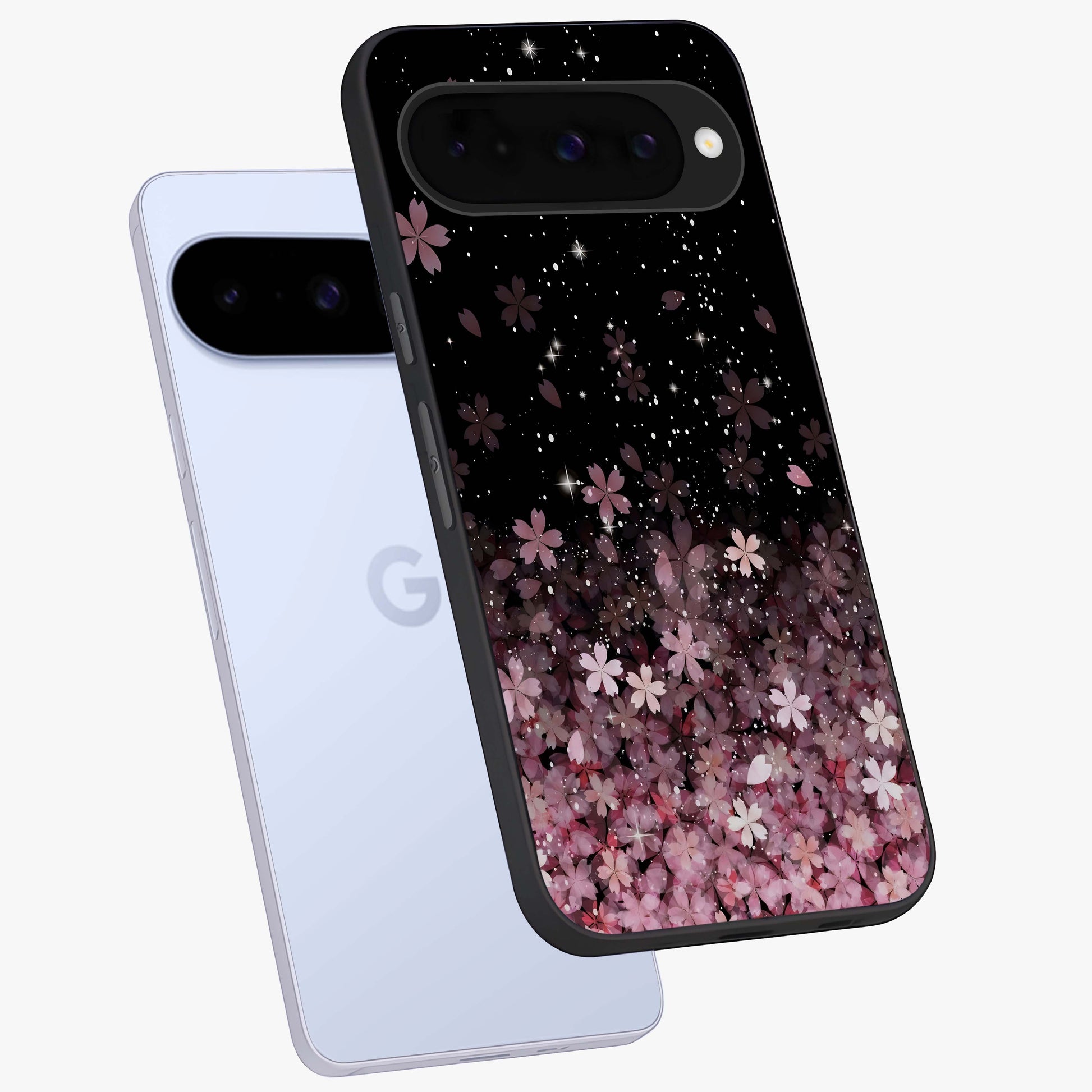 Small Starry Flowers Glass Case displayed in angled mockup highlighting tiny flower pattern with celestial aesthetic style.