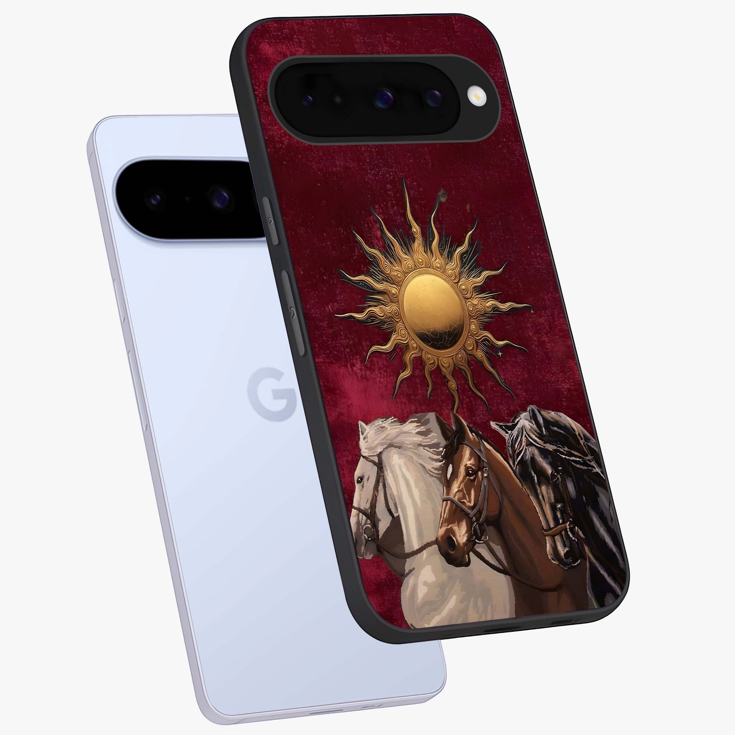 Solar Riders Glass Case displayed in angled mockup highlighting powerful rider illustration with radiant solar aesthetic.