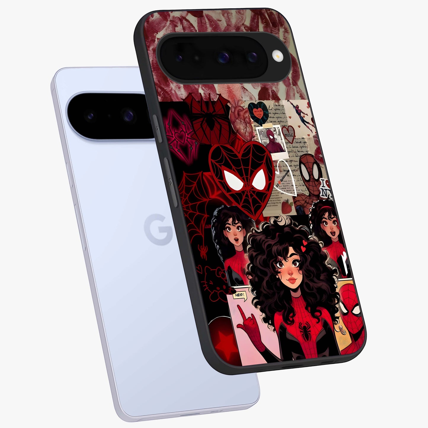 Spider Love Story Glass Case displayed in angled mockup highlighting expressive comic inspired design with playful aesthetic.