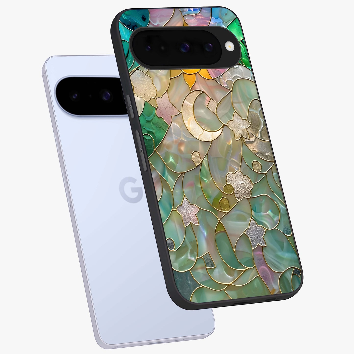 Stained Sunrise Glow Glass Case displayed in angled mockup highlighting radiant sunrise design with artistic aesthetic style.