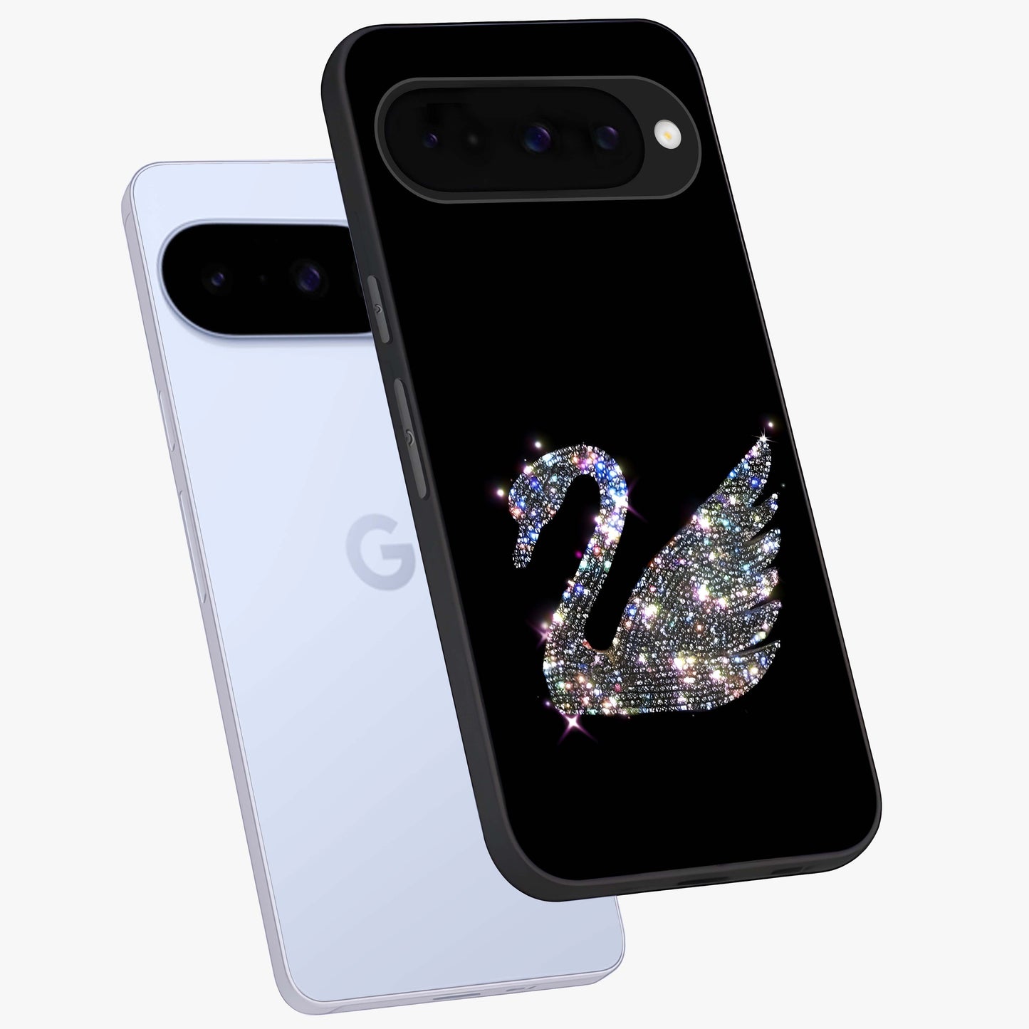 Starlit Swan Grace Glass Case displayed in angled mockup highlighting elegant swan illustration with dreamy celestial aesthetic.