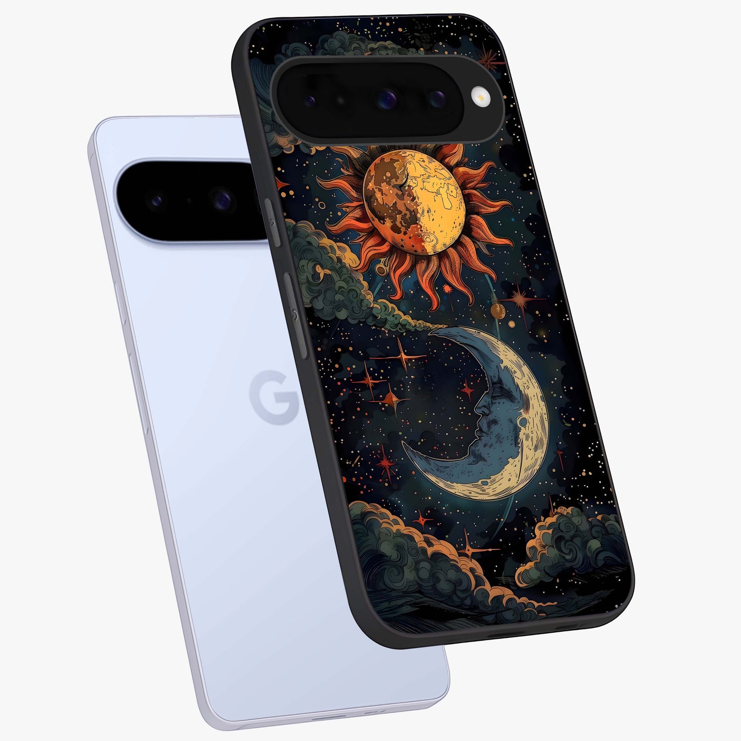 Sun And Moon Magic Design Glass Case displayed in angled mockup highlighting celestial design with magical cosmic aesthetic.