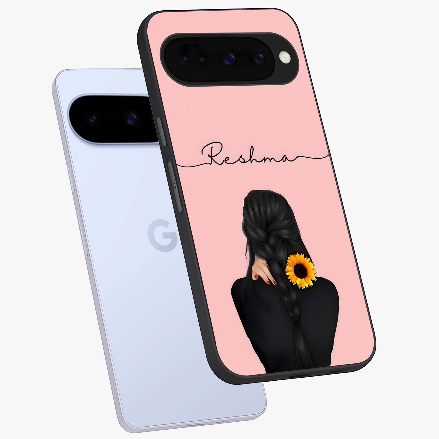 Sunflower Braid Beauty With Custom Name Glass Case displayed in angled mockup highlighting elegant sunflower design with custom name feature.