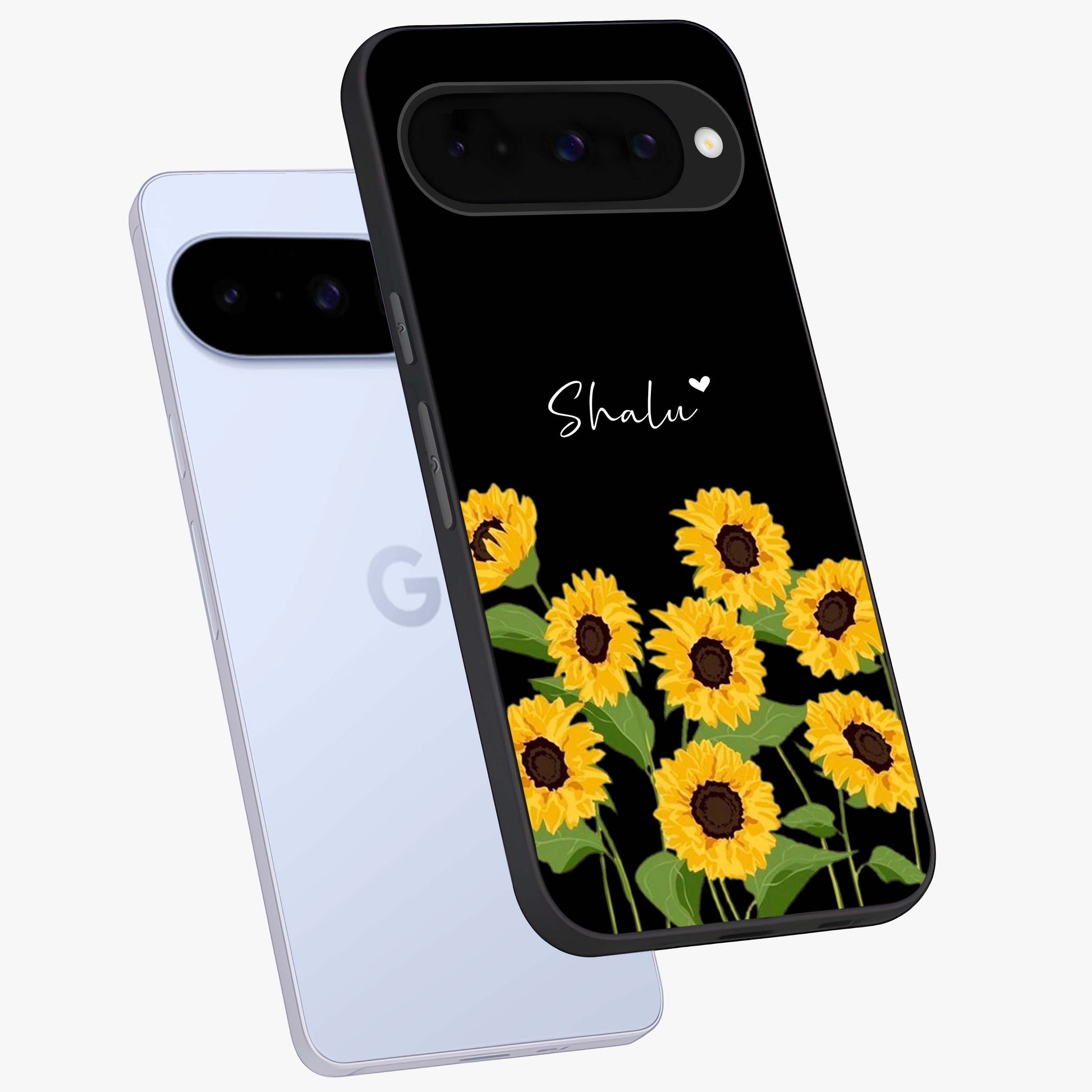 Sunflower Chic Mood Custom Name Glass Case displayed in angled mockup highlighting vibrant sunflower design with custom name feature.