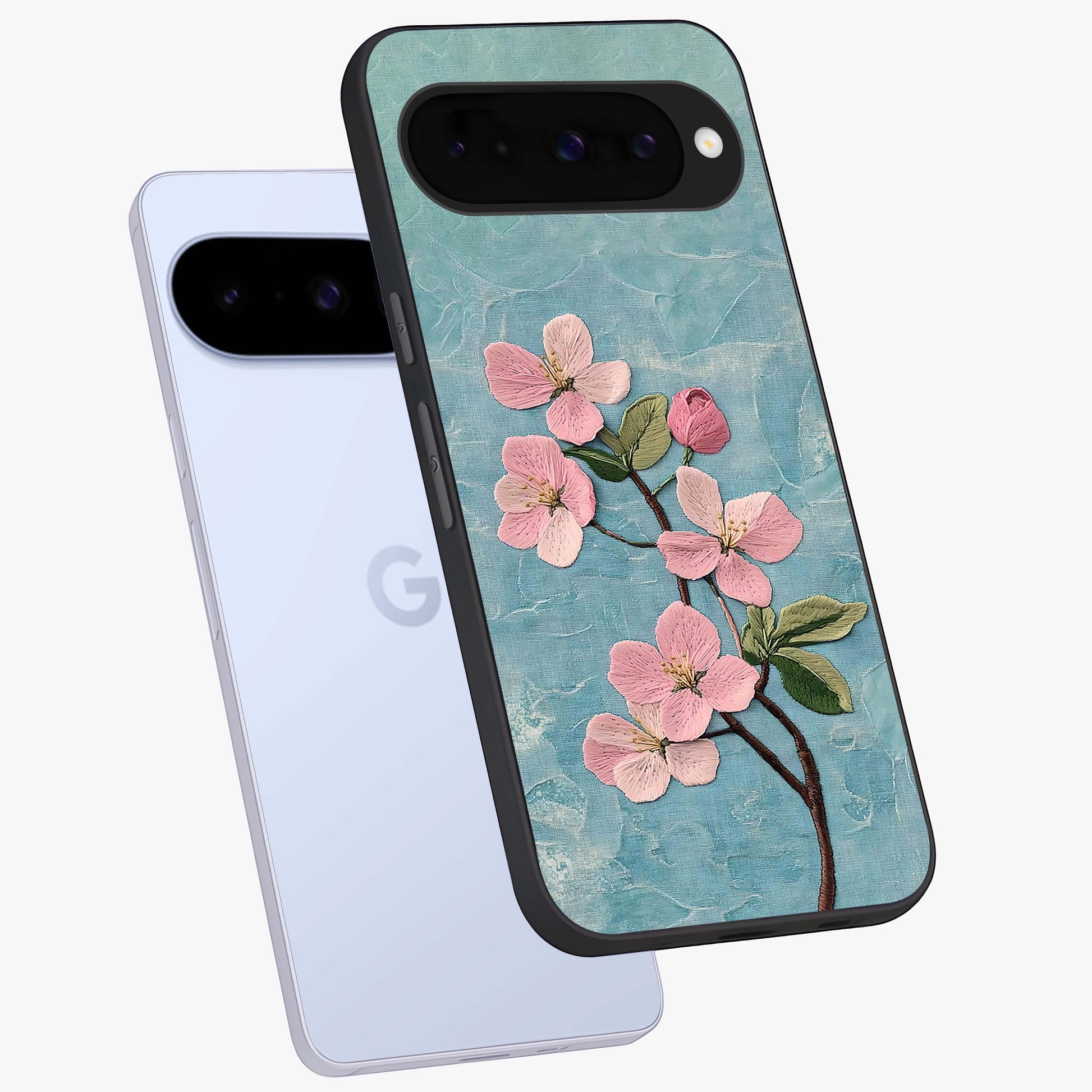 Threaded Blossom Breeze Glass Case displayed in angled mockup highlighting elegant floral design with soft aesthetic style.