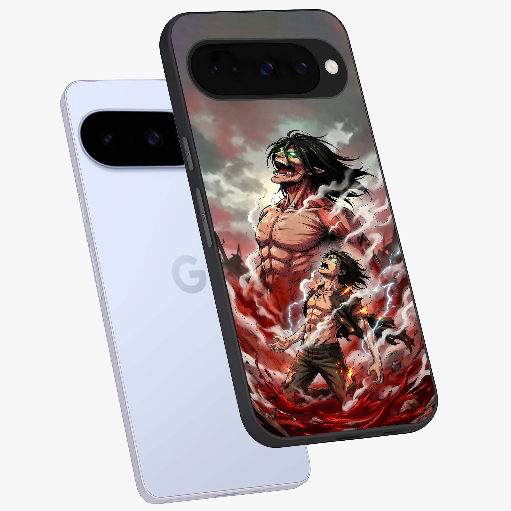Titan Awakening Fury Glass Case displayed in angled mockup highlighting dramatic giant warrior design with bold anime aesthetic.