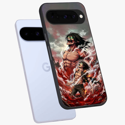 Titan Awakening Fury Glass Case displayed in angled mockup highlighting dramatic giant warrior design with bold anime aesthetic.