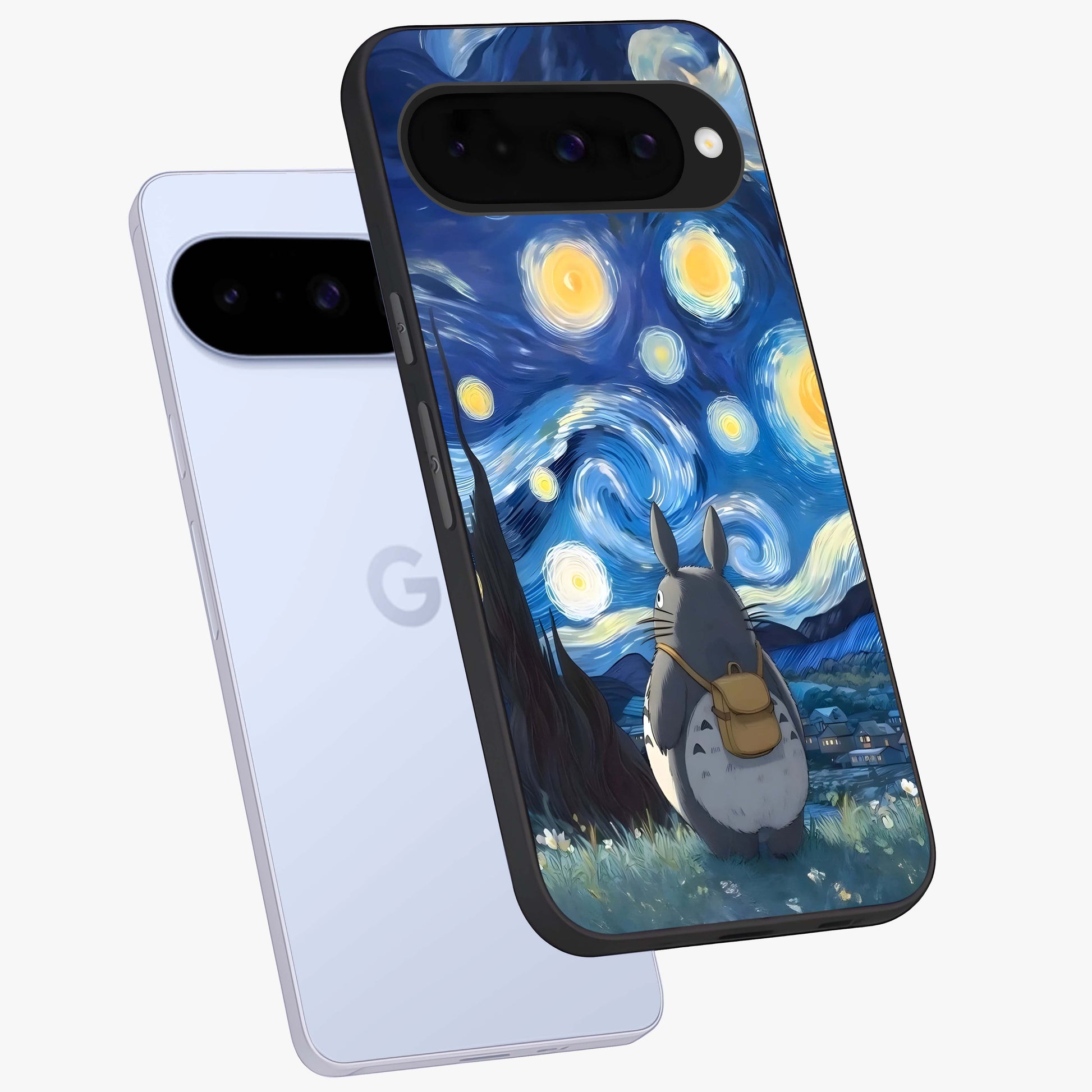 Totoro In Van Gogh Art Glass Case displayed in angled mockup highlighting artistic swirling sky design with playful animation aesthetic.