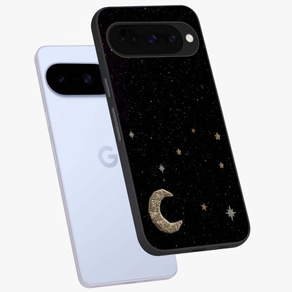 Twinkle Star With Half Moon Glass Case displayed in angled mockup highlighting celestial moon and star design with magical aesthetic.