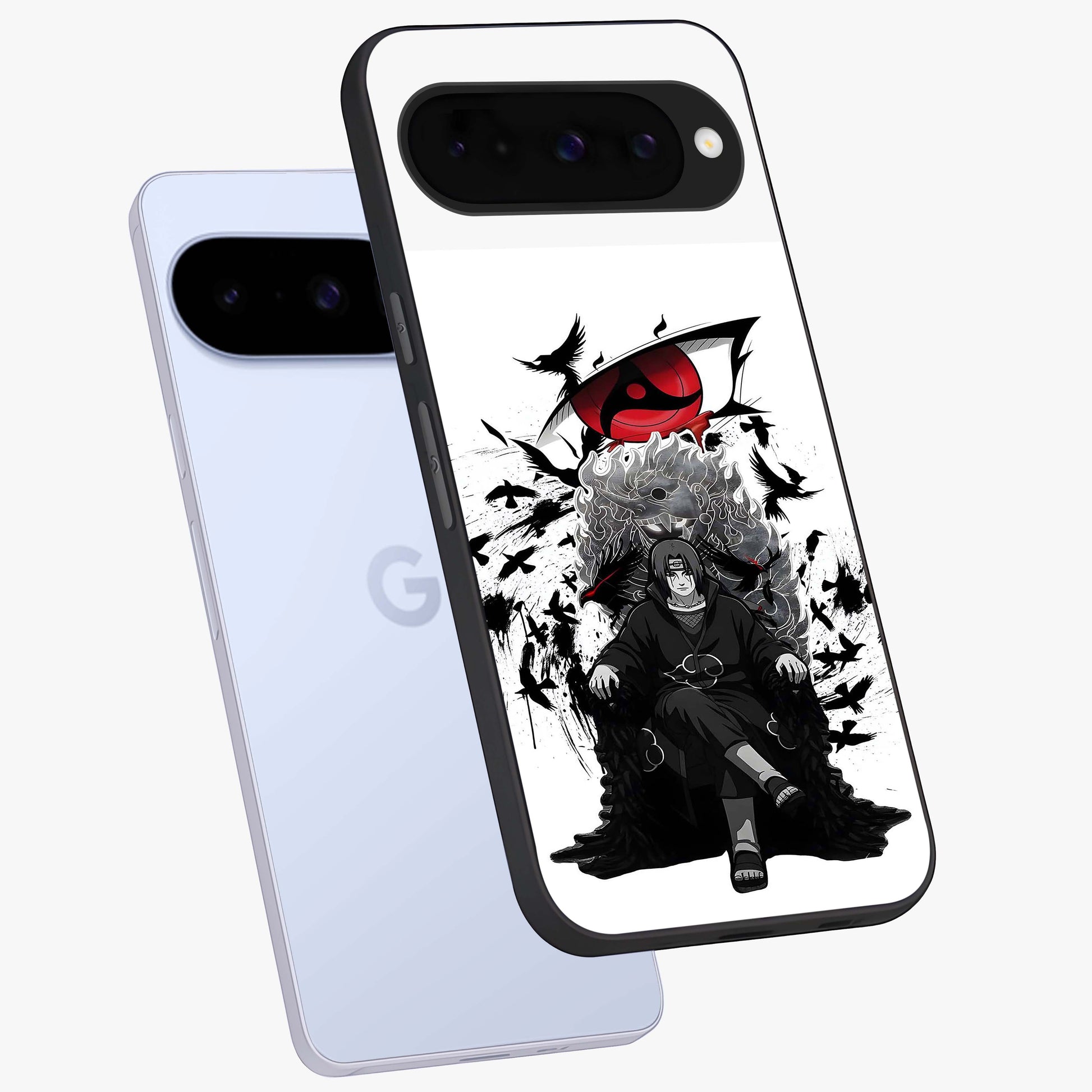 Uchiha Shadow Throne Glass Case displayed in angled mockup highlighting glowing aquatic design with celestial aesthetic.