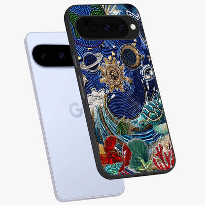 Universe Underwater Spark Glass Case displayed in angled mockup highlighting glowing aquatic design with celestial aesthetic.