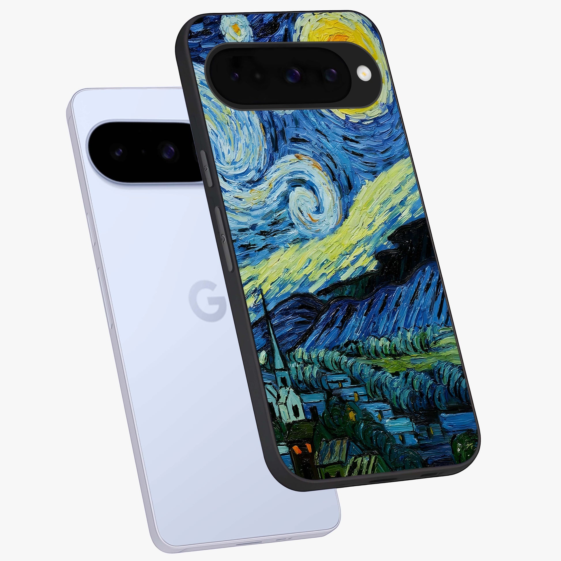 Van Gogh Art Glass Case displayed in angled mockup highlighting swirling brushstroke design with artistic aesthetic.