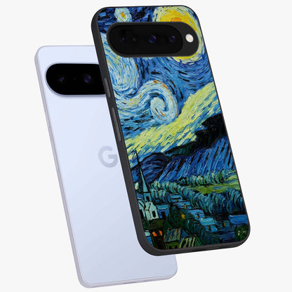 Van Gogh Art Glass Case displayed in angled mockup highlighting swirling brushstroke design with artistic aesthetic.