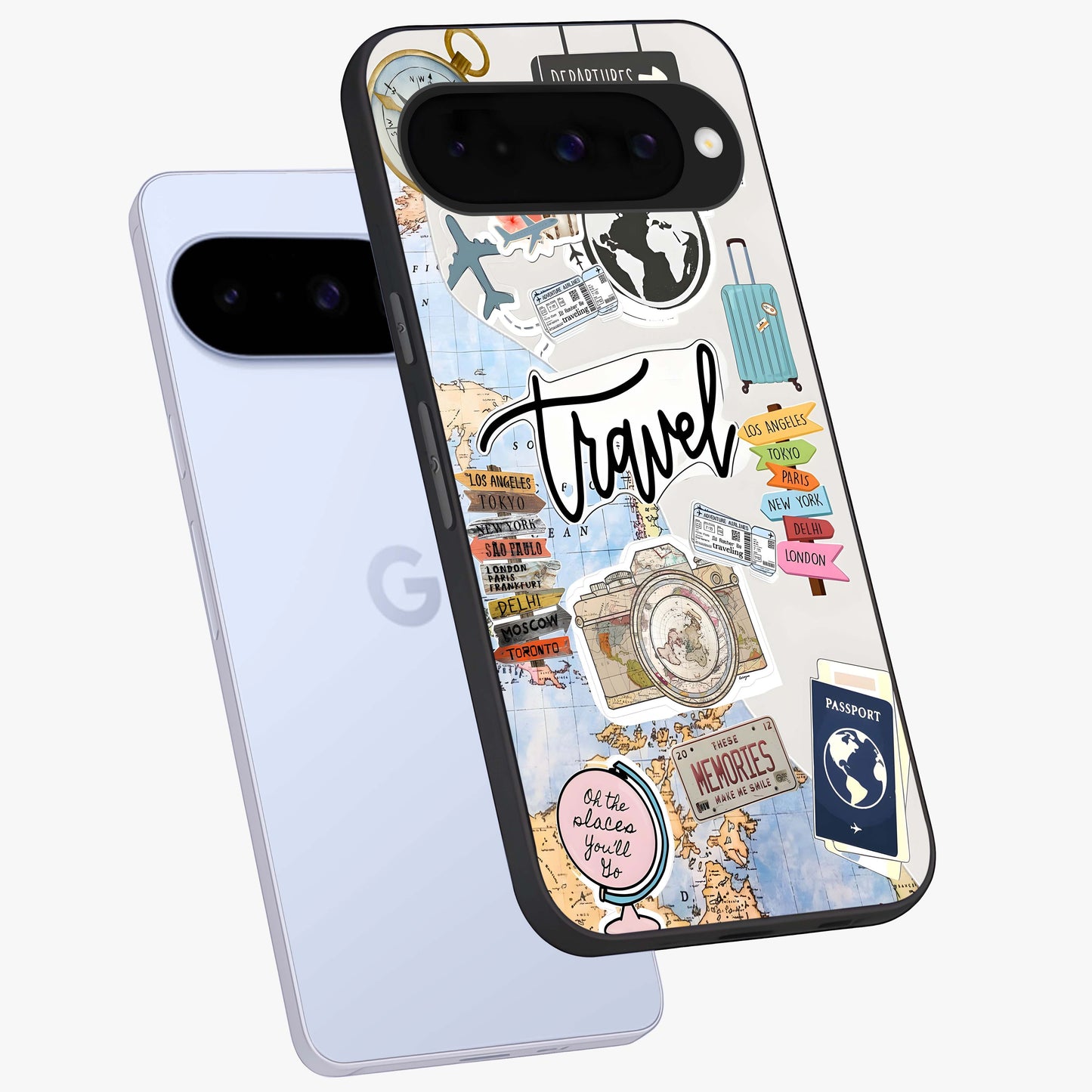 Wanderlust Journal Glass Case displayed in angled mockup highlighting adventure themed design with aesthetic travel vibe.