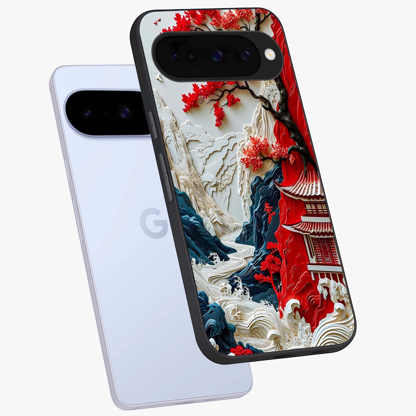 Whispers Of Sakura Waves Glass Case displayed in angled mockup highlighting flowing sakura design with soft floral aesthetic.
