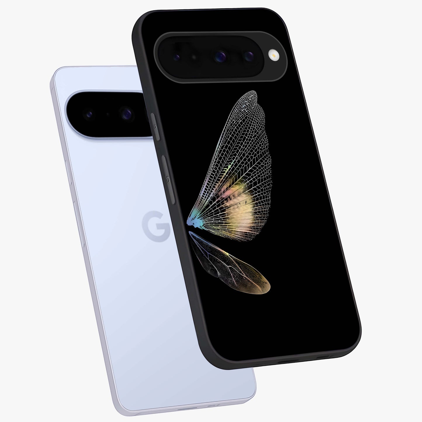 Whispers Of Wings Glass Case displayed in angled mockup highlighting soft feather design with celestial aesthetic style.