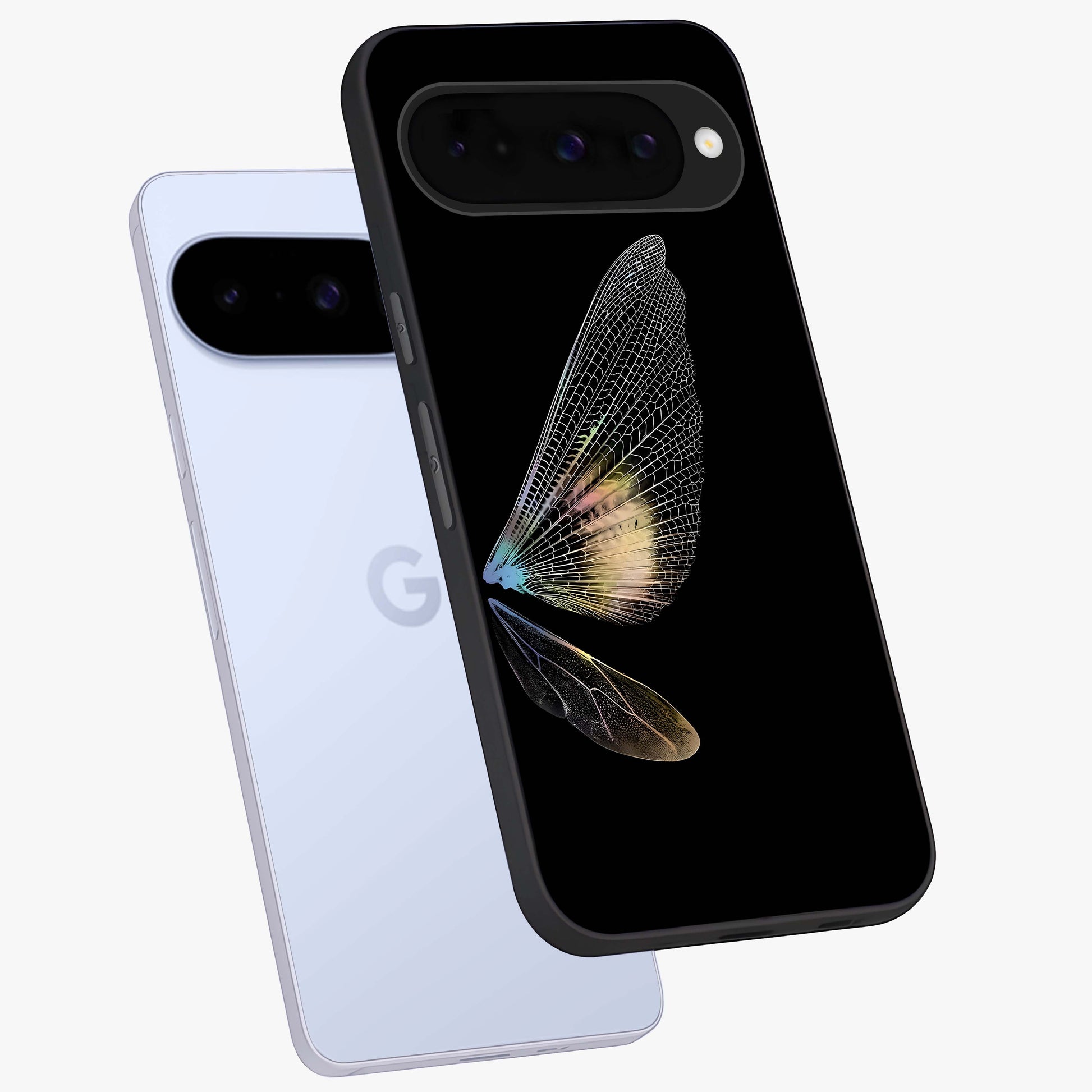 Whispers Of Wings Glass Case displayed in angled mockup highlighting soft feather design with celestial aesthetic style.