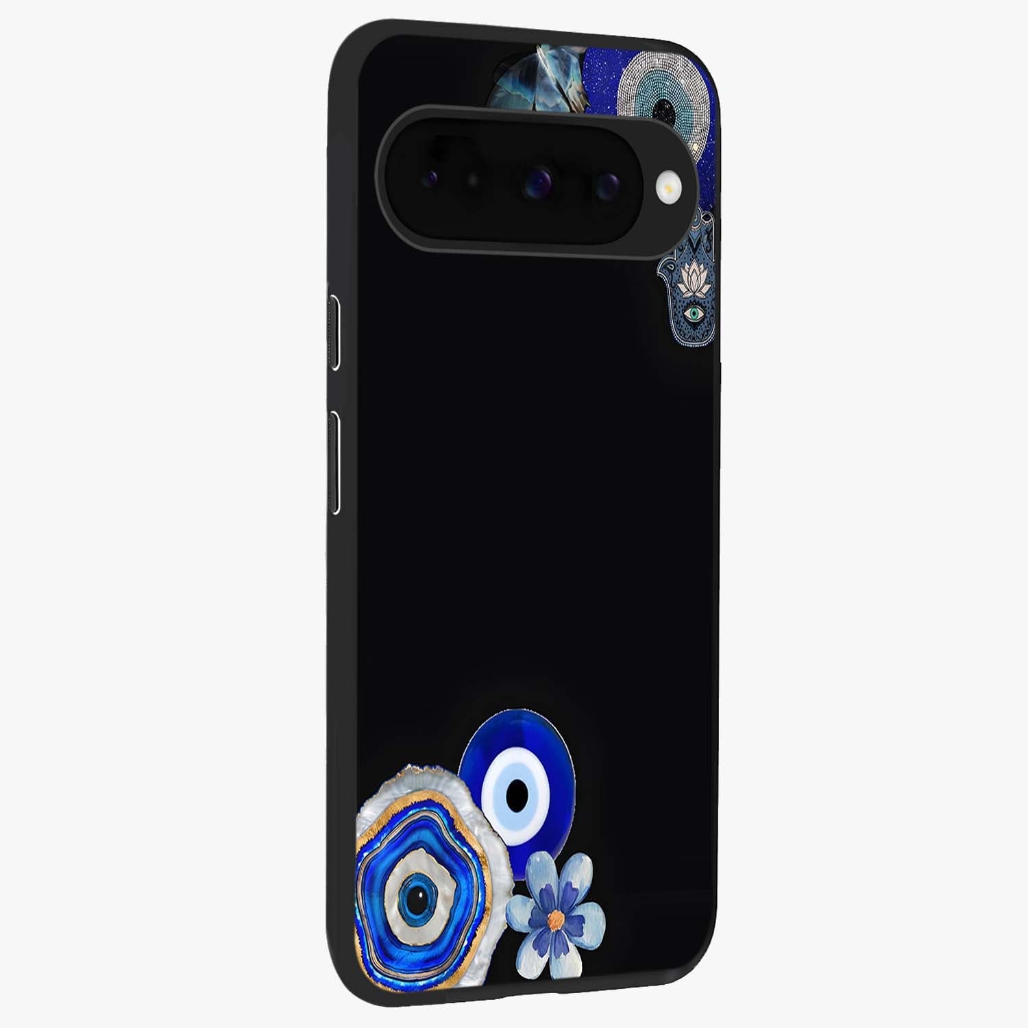 Aesthetic Blue Evil Eye Glass Case upright view showcasing mystical evil eye graphic with minimal aesthetic style.