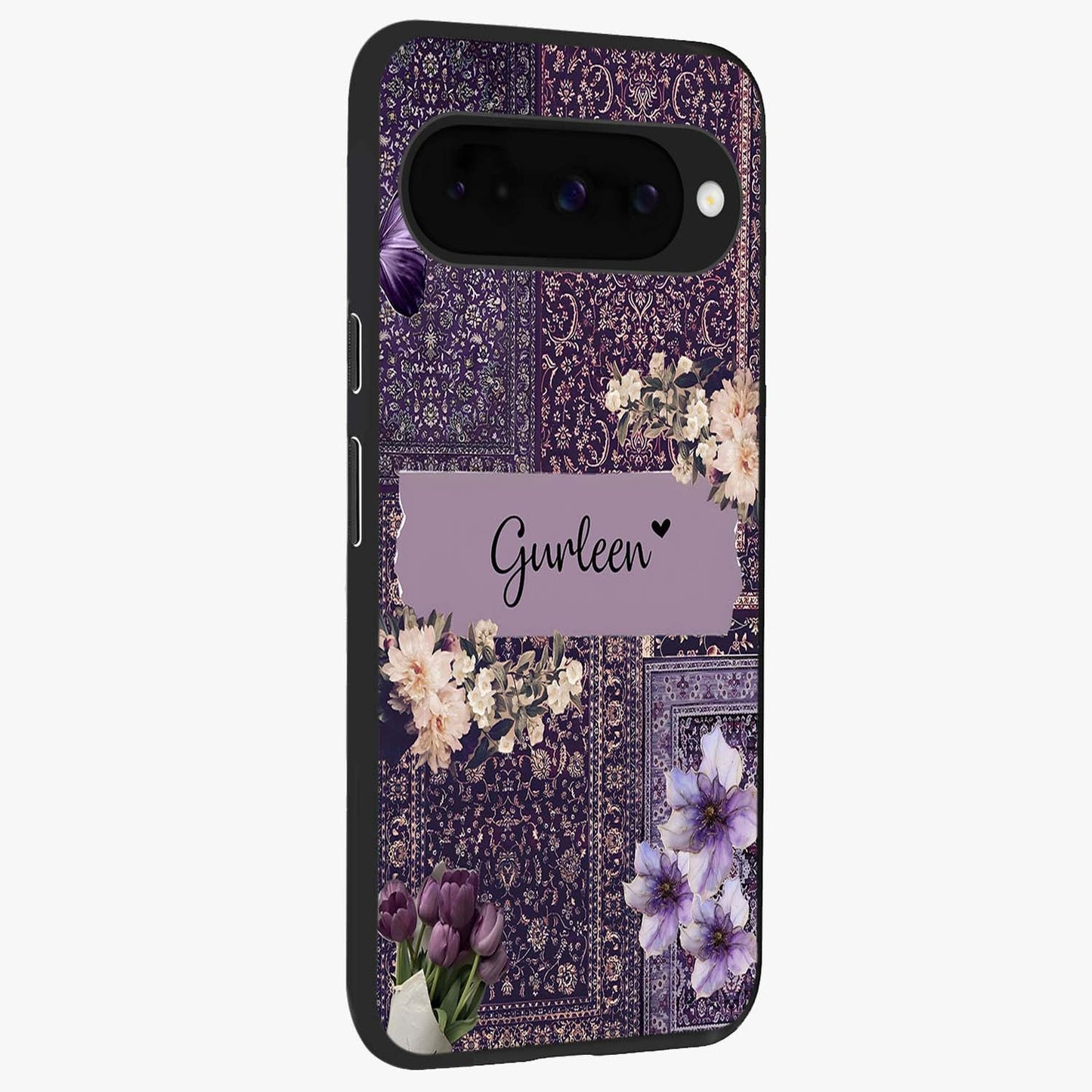 Antique Floral Whisper Custom Name Glass Case upright view showcasing delicate floral artwork with custom name feature.