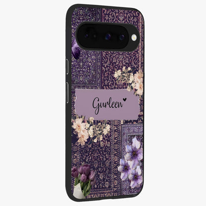 Antique Floral Whisper Custom Name Glass Case upright view showcasing delicate floral artwork with custom name feature.