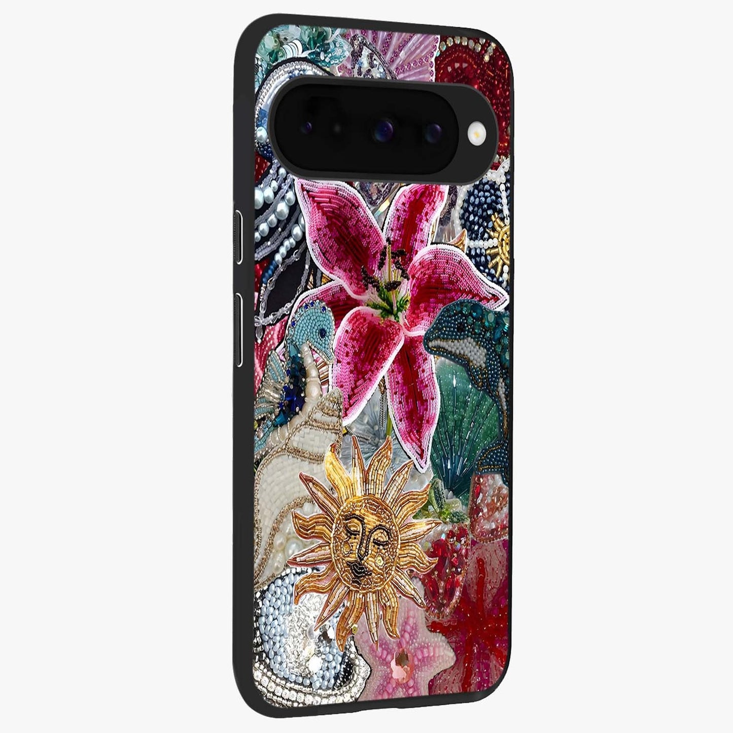 Beaded Garden Fantasy Glass Case upright view showcasing whimsical garden aesthetic with artistic bead details.