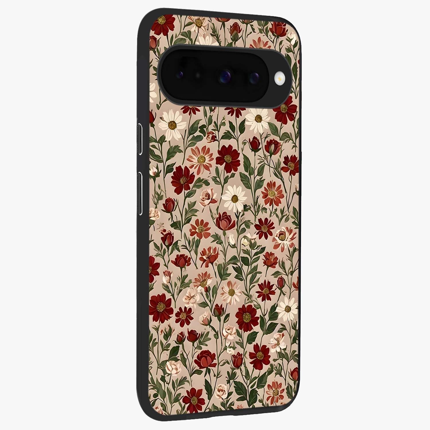 Biege Flower With Leaf Glass Case upright view showcasing delicate beige flower illustration with clean botanical style.