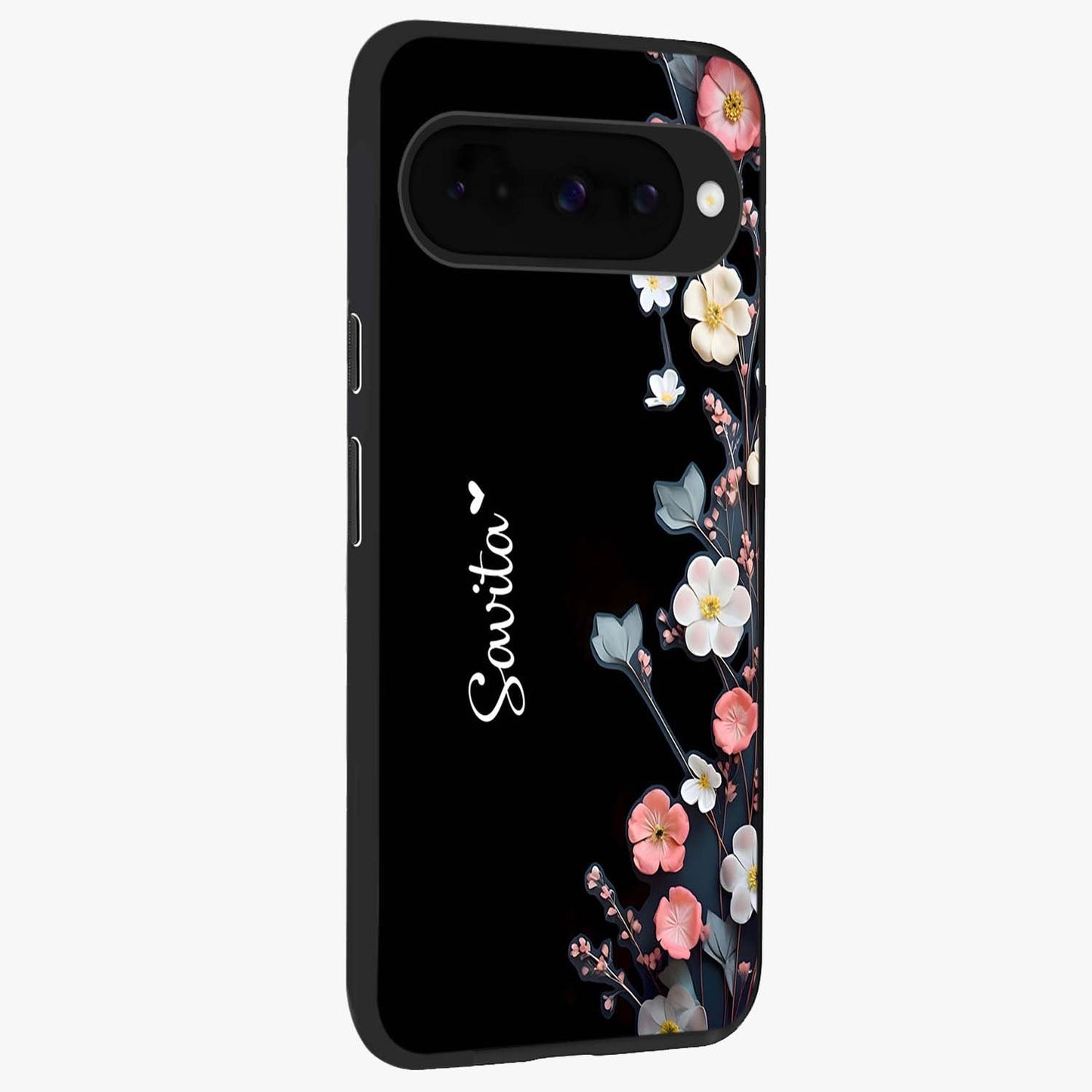 Black Elegance Floral Custom Name Glass Case upright view showcasing luxurious black floral design with personalized name detail.