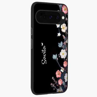 Black Elegance Floral Custom Name Glass Case upright view showcasing luxurious black floral design with personalized name detail.