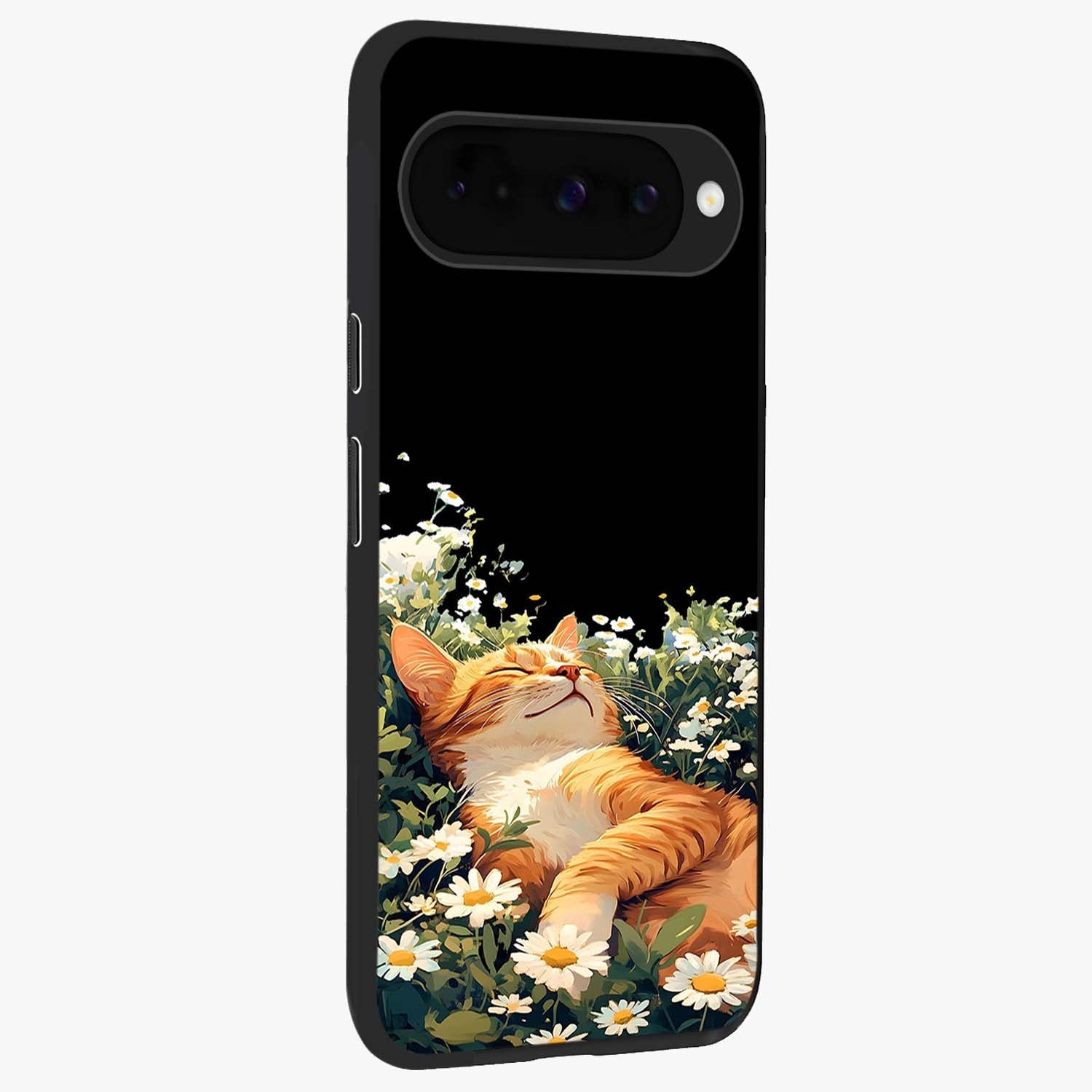 Blissful Bloom Cat Glass Case upright view showcasing charming cat design surrounded by blooming floral elements.