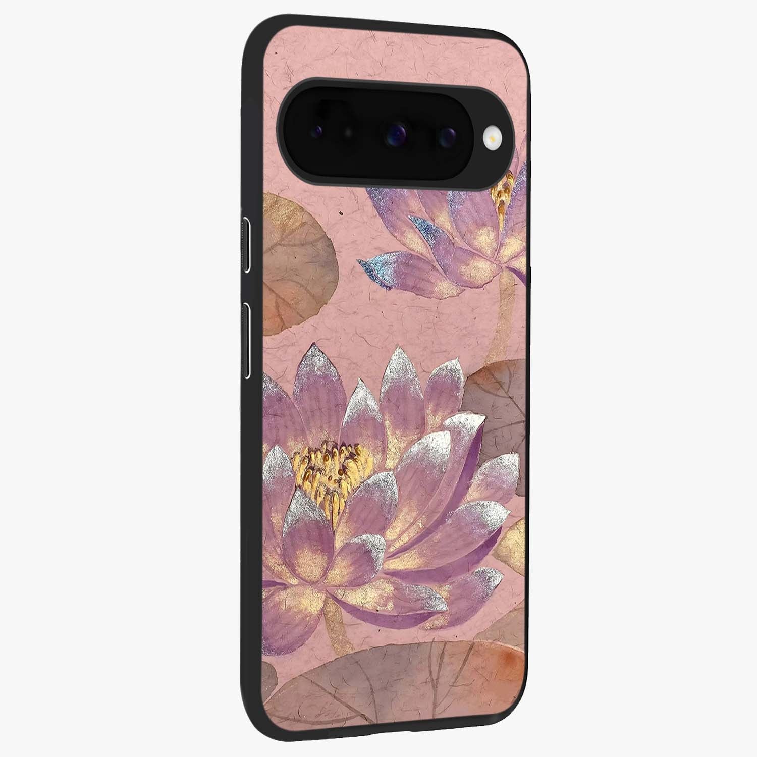 Blossom Mist Lotus Glass Case upright view showcasing graceful lotus flower design with peaceful botanical style.