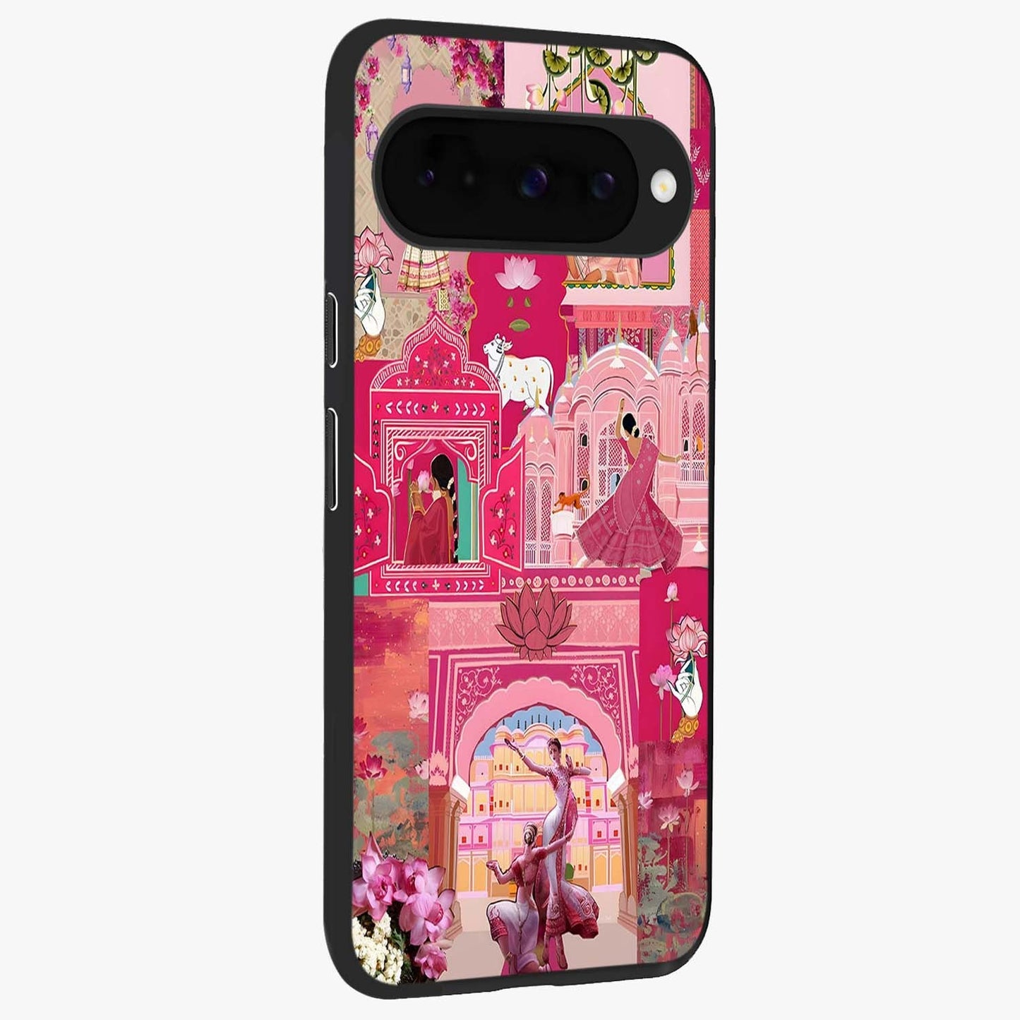 Blossoms of Rajasthan Glass Case upright view showcasing colorful floral design inspired by traditional Indian art.