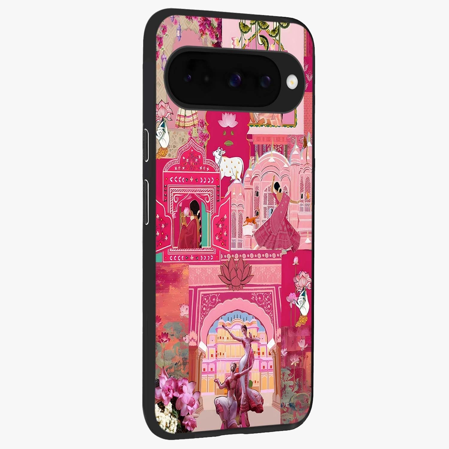 Blossoms of Rajasthan Glass Case upright view showcasing colorful floral design inspired by traditional Indian art.